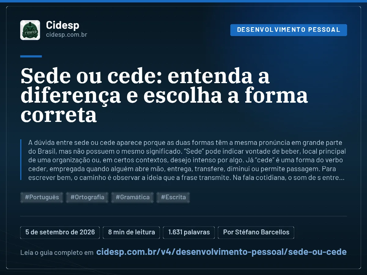 Cartão do artigo “Sede ou cede: entenda a diferença e escolha a forma correta”, com resumo, data de publicação e endereço da página.