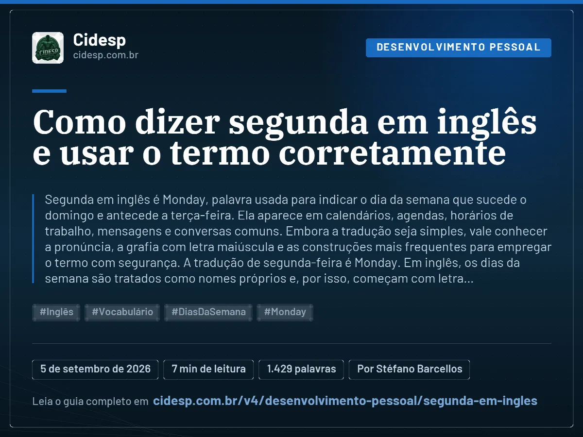 Cartão do artigo “Como dizer segunda em inglês e usar o termo corretamente”, com resumo, data de publicação e endereço da página.