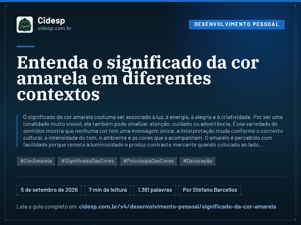 Cartão do artigo “Entenda o significado da cor amarela em diferentes contextos”, com resumo, data de publicação e endereço da página.