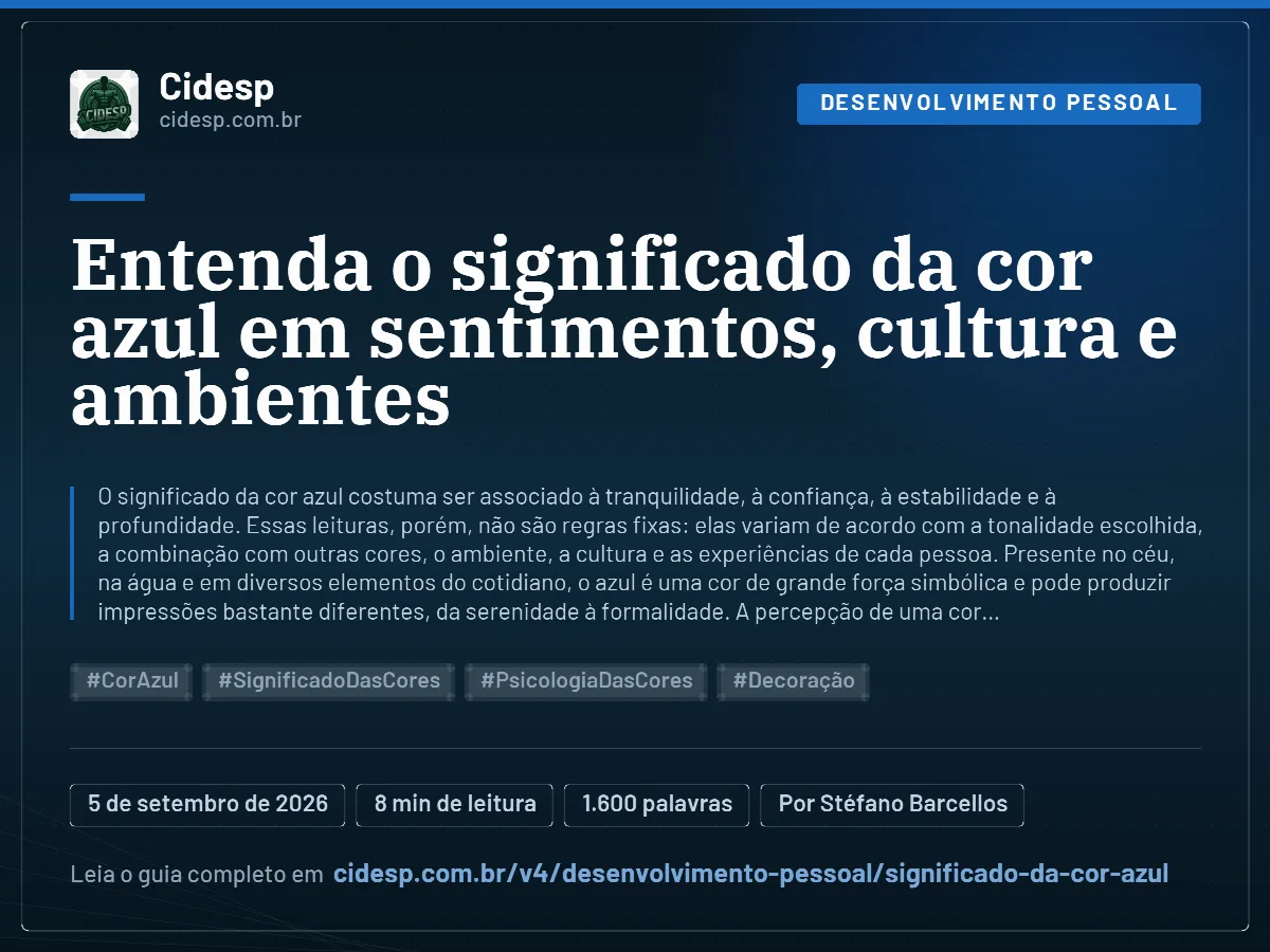 Cartão do artigo “Entenda o significado da cor azul em sentimentos, cultura e ambientes”, com resumo, data de publicação e endereço da página.