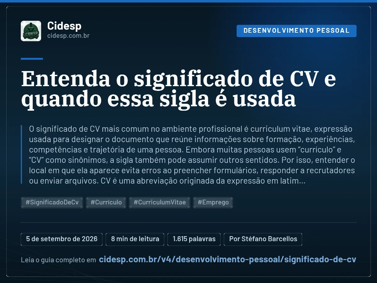 Cartão do artigo “Entenda o significado de CV e quando essa sigla é usada”, com resumo, data de publicação e endereço da página.