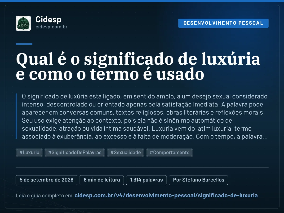 Cartão do artigo “Qual é o significado de luxúria e como o termo é usado”, com resumo, data de publicação e endereço da página.
