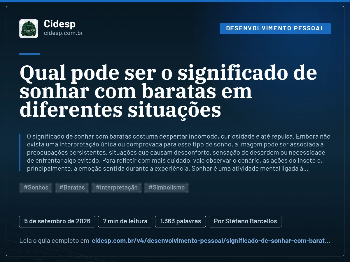 Cartão do artigo “Qual pode ser o significado de sonhar com baratas em diferentes situações”, com resumo, data de publicação e endereço da página.