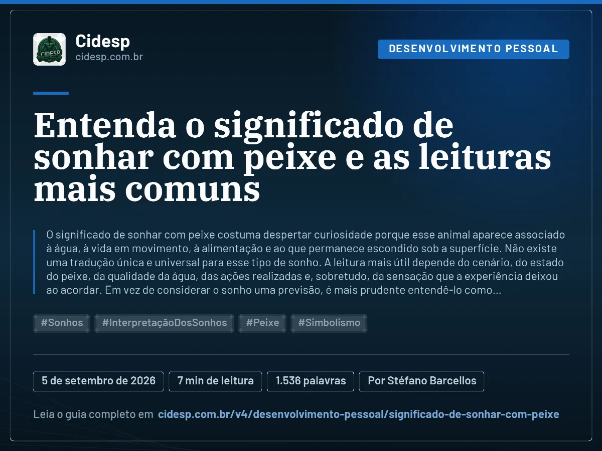 Cartão do artigo “Entenda o significado de sonhar com peixe e as leituras mais comuns”, com resumo, data de publicação e endereço da página.
