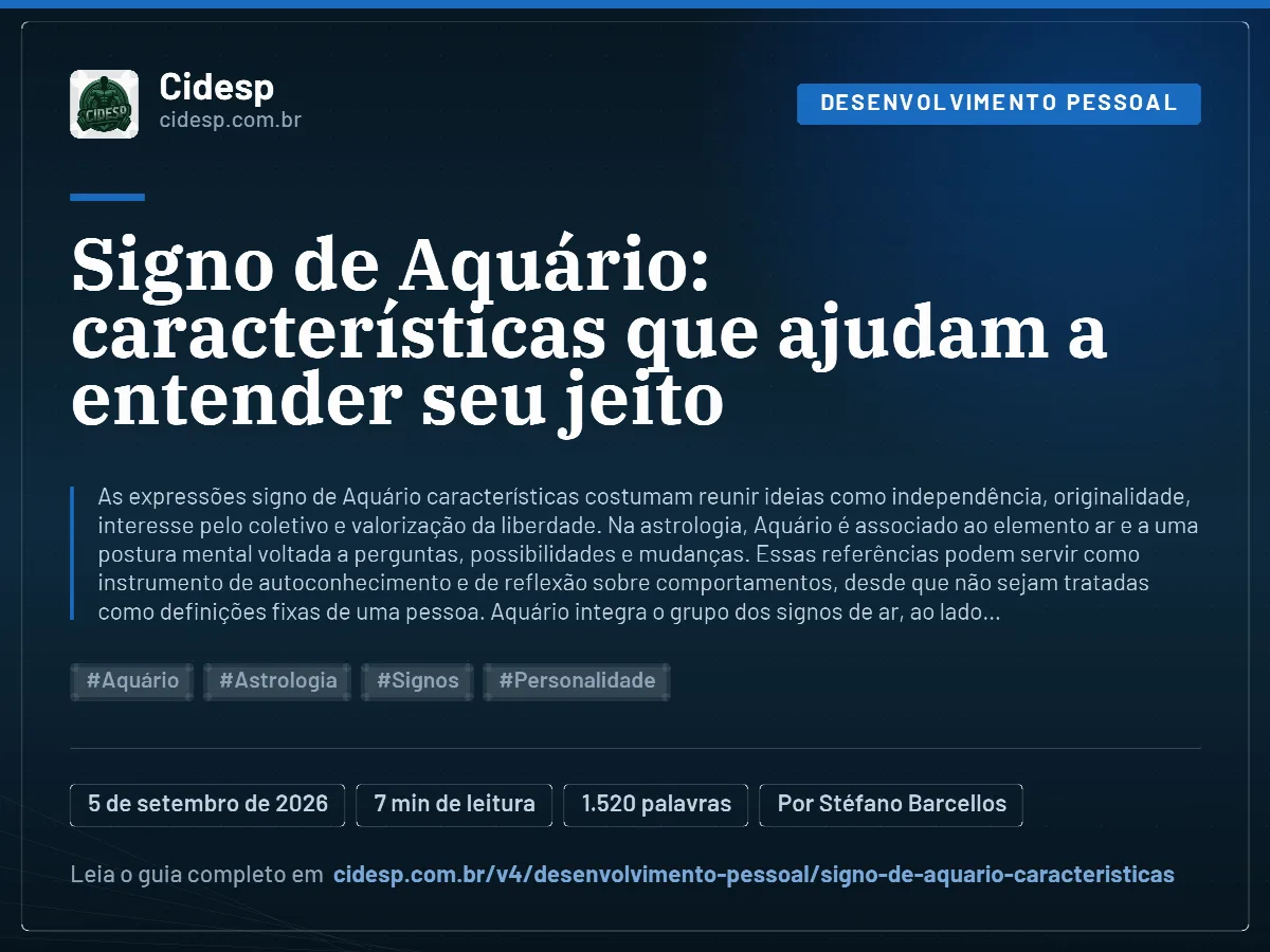 Cartão do artigo “Signo de Aquário: características que ajudam a entender seu jeito”, com resumo, data de publicação e endereço da página.