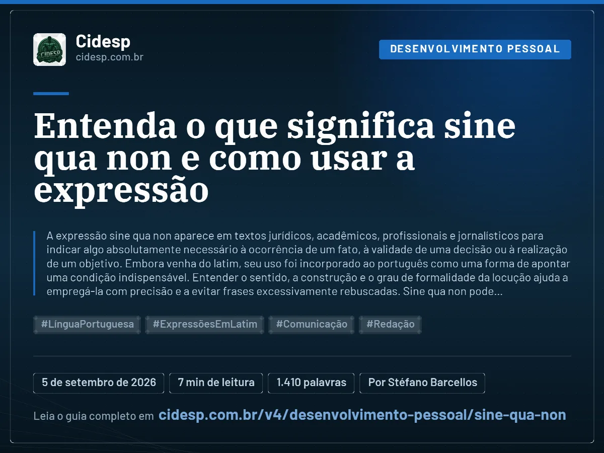 Cartão do artigo “Entenda o que significa sine qua non e como usar a expressão”, com resumo, data de publicação e endereço da página.