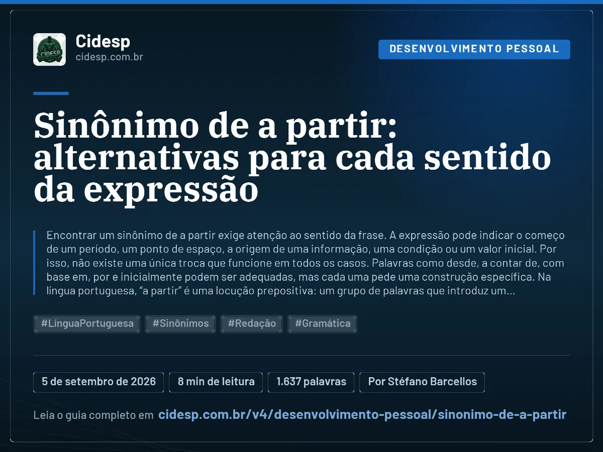 Cartão do artigo “Sinônimo de a partir: alternativas para cada sentido da expressão”, com resumo, data de publicação e endereço da página.