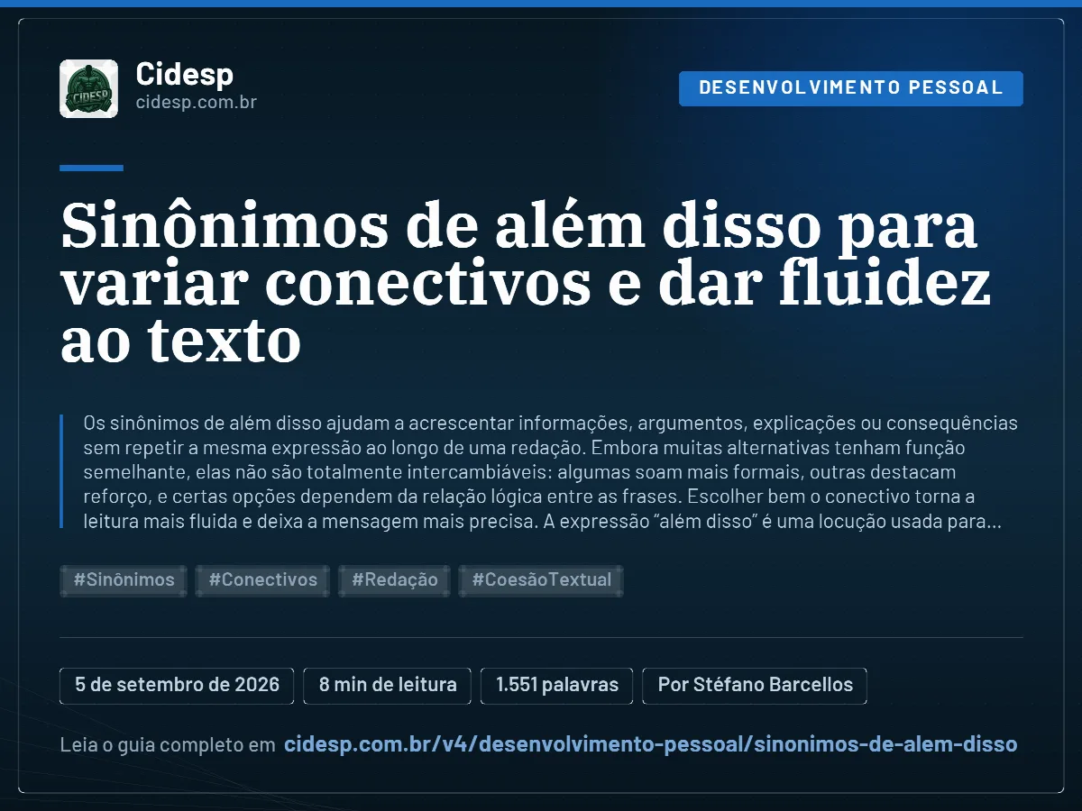 Cartão do artigo “Sinônimos de além disso para variar conectivos e dar fluidez ao texto”, com resumo, data de publicação e endereço da página.