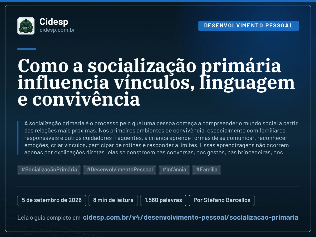 Cartão do artigo “Como a socialização primária influencia vínculos, linguagem e convivência”, com resumo, data de publicação e endereço da página.