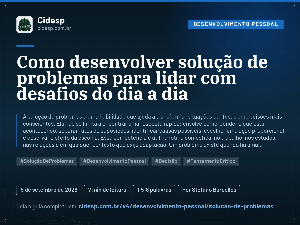 Cartão do artigo “Como desenvolver solução de problemas para lidar com desafios do dia a dia”, com resumo, data de publicação e endereço da página.