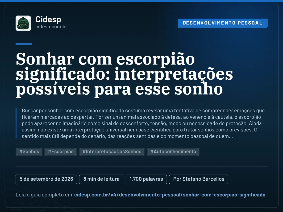 Cartão do artigo “Sonhar com escorpião significado: interpretações possíveis para esse sonho”, com resumo, data de publicação e endereço da página.