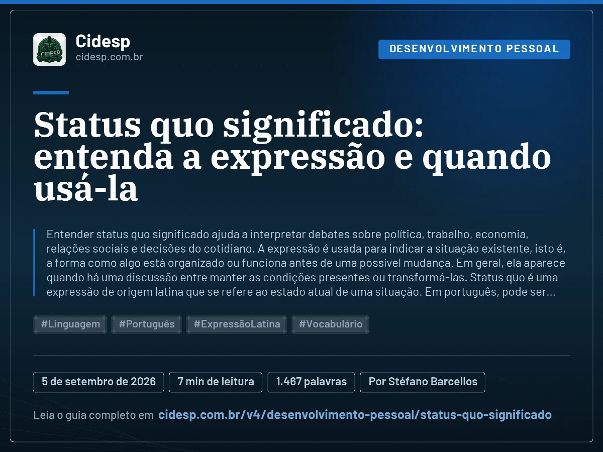 Cartão do artigo “Status quo significado: entenda a expressão e quando usá-la”, com resumo, data de publicação e endereço da página.