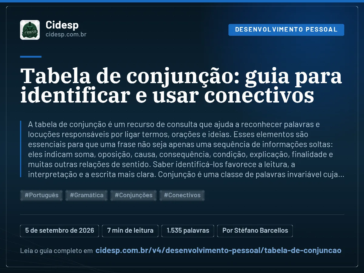 Cartão do artigo “Tabela de conjunção: guia para identificar e usar conectivos”, com resumo, data de publicação e endereço da página.