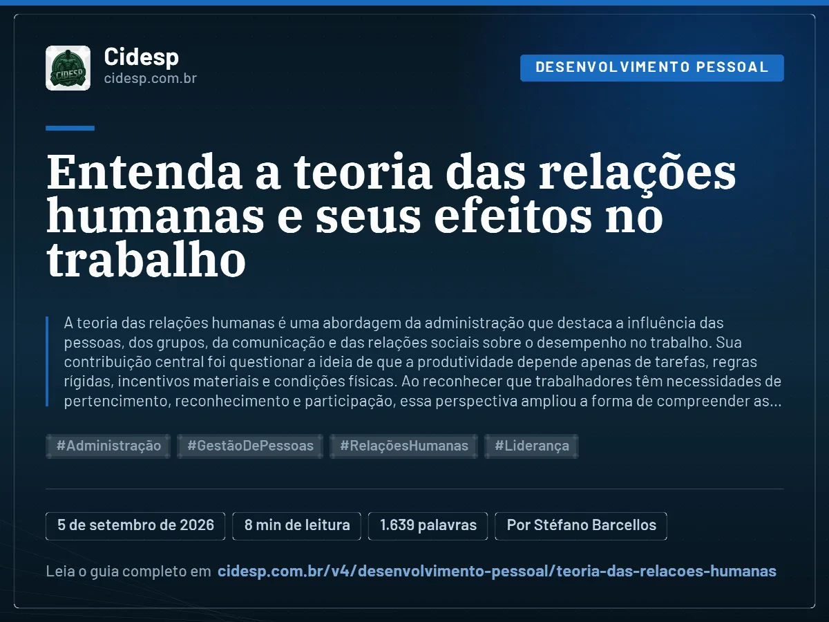 Cartão do artigo “Entenda a teoria das relações humanas e seus efeitos no trabalho”, com resumo, data de publicação e endereço da página.