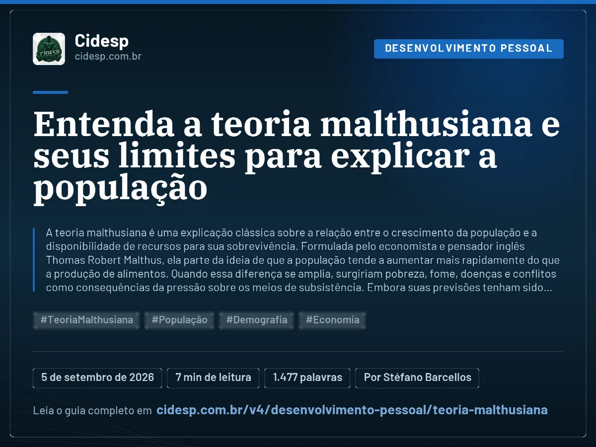 Cartão do artigo “Entenda a teoria malthusiana e seus limites para explicar a população”, com resumo, data de publicação e endereço da página.