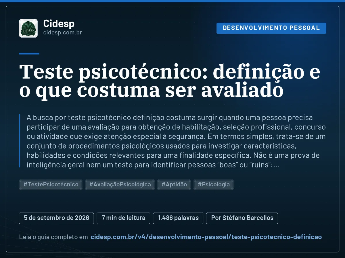 Cartão do artigo “Teste psicotécnico: definição e o que costuma ser avaliado”, com resumo, data de publicação e endereço da página.