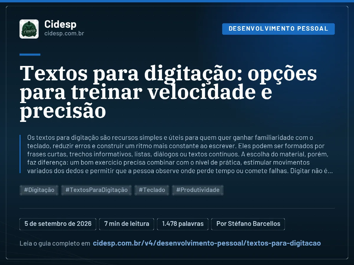 Cartão do artigo “Textos para digitação: opções para treinar velocidade e precisão”, com resumo, data de publicação e endereço da página.