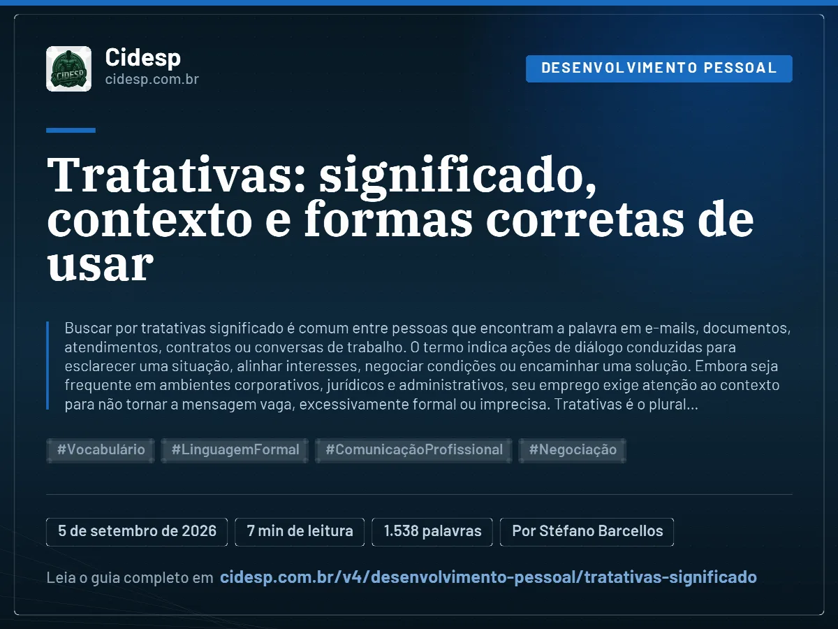 Cartão do artigo “Tratativas: significado, contexto e formas corretas de usar”, com resumo, data de publicação e endereço da página.