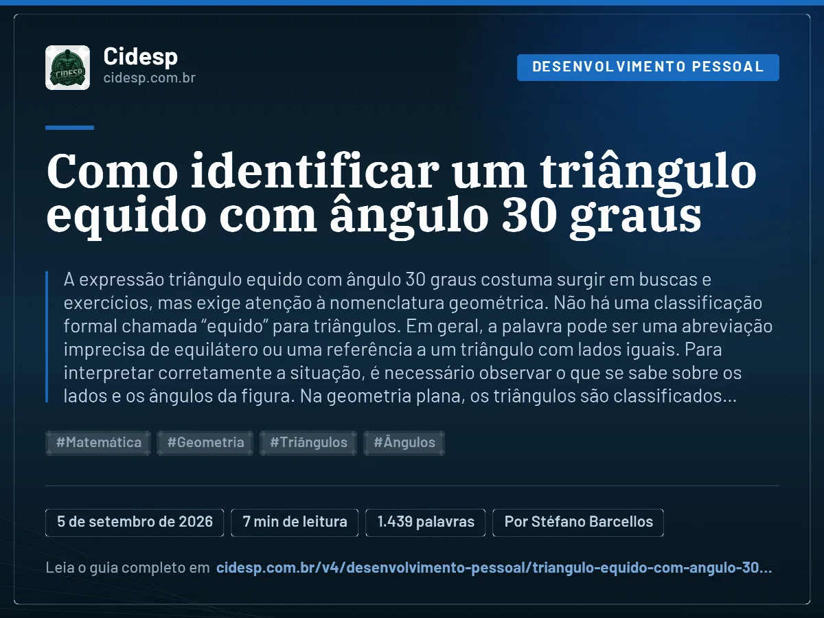 Cartão do artigo “Como identificar um triângulo equido com ângulo 30 graus”, com resumo, data de publicação e endereço da página.