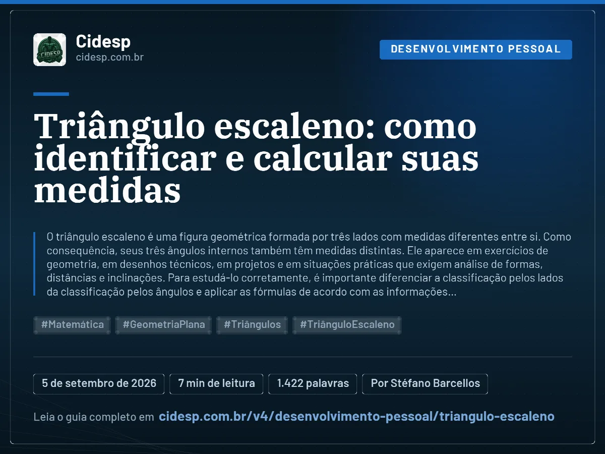 Cartão do artigo “Triângulo escaleno: como identificar e calcular suas medidas”, com resumo, data de publicação e endereço da página.