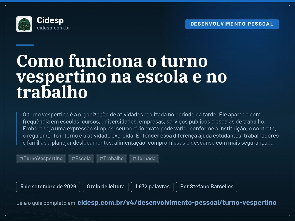 Cartão do artigo “Como funciona o turno vespertino na escola e no trabalho”, com resumo, data de publicação e endereço da página.