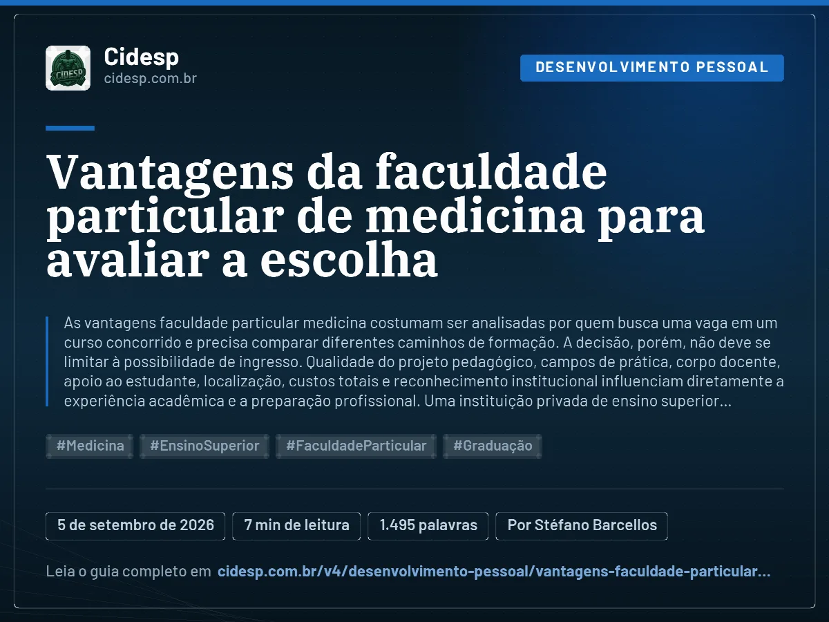 Cartão do artigo “Vantagens da faculdade particular de medicina para avaliar a escolha”, com resumo, data de publicação e endereço da página.