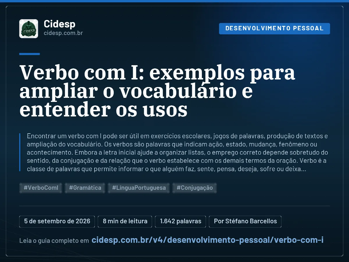 Cartão do artigo “Verbo com I: exemplos para ampliar o vocabulário e entender os usos”, com resumo, data de publicação e endereço da página.