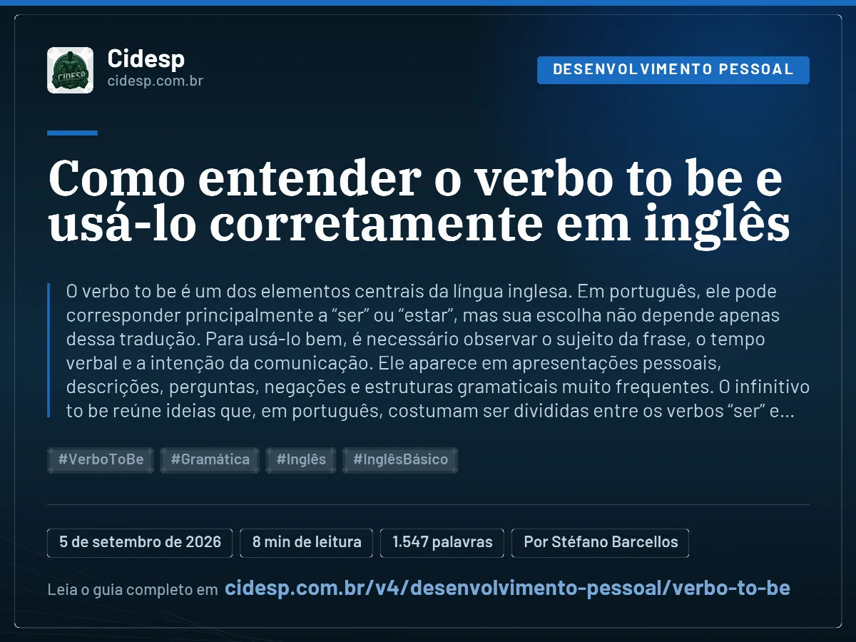Cartão do artigo “Como entender o verbo to be e usá-lo corretamente em inglês”, com resumo, data de publicação e endereço da página.