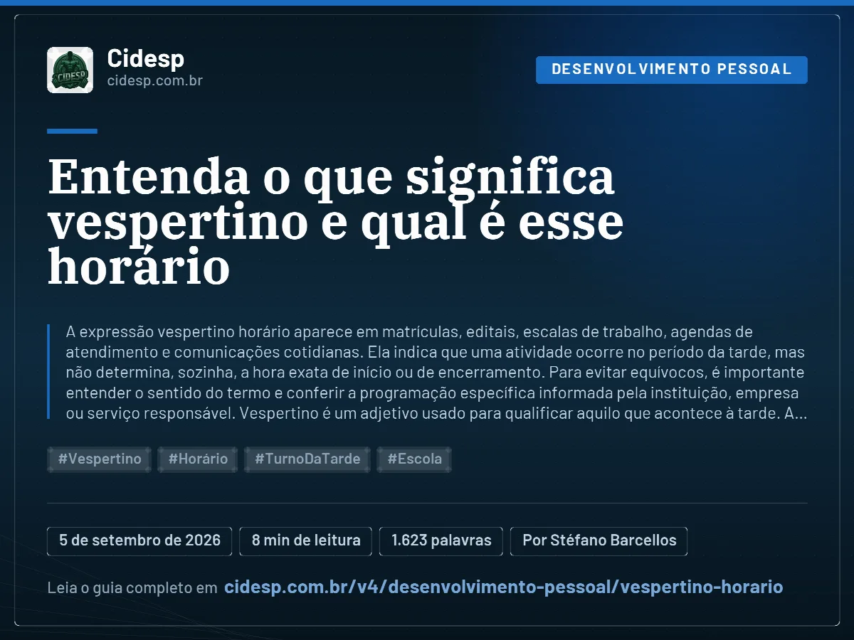 Cartão do artigo “Entenda o que significa vespertino e qual é esse horário”, com resumo, data de publicação e endereço da página.