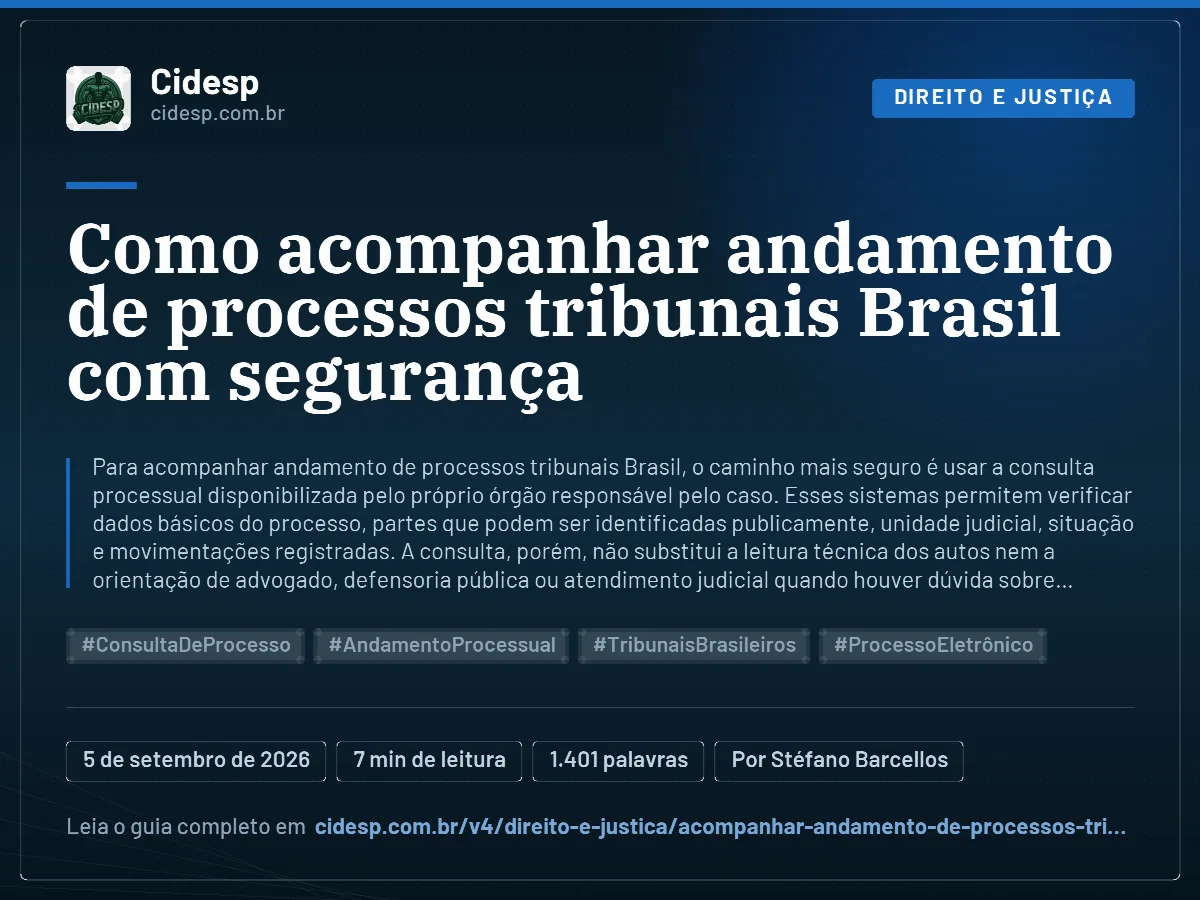 Cartão do artigo “Como acompanhar andamento de processos tribunais Brasil com segurança”, com resumo, data de publicação e endereço da página.