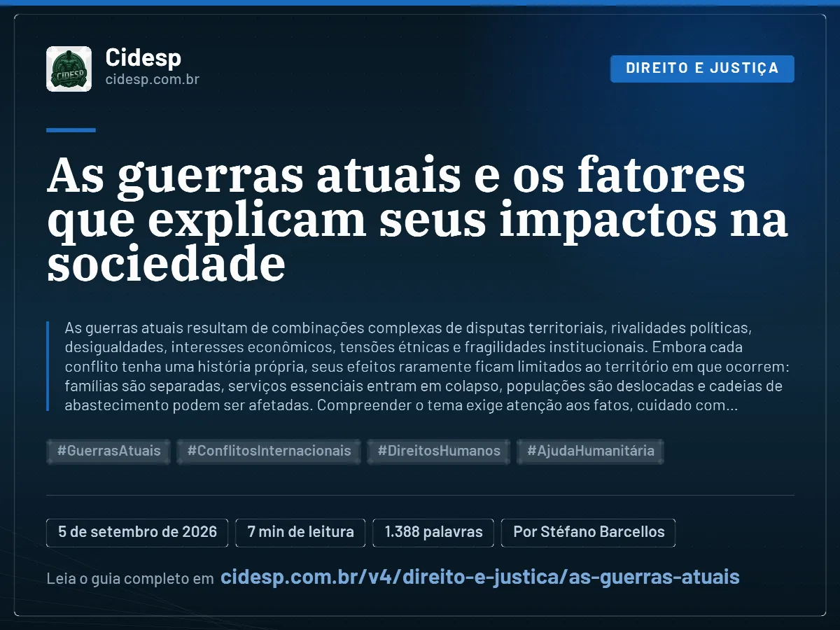 Cartão do artigo “As guerras atuais e os fatores que explicam seus impactos na sociedade”, com resumo, data de publicação e endereço da página.