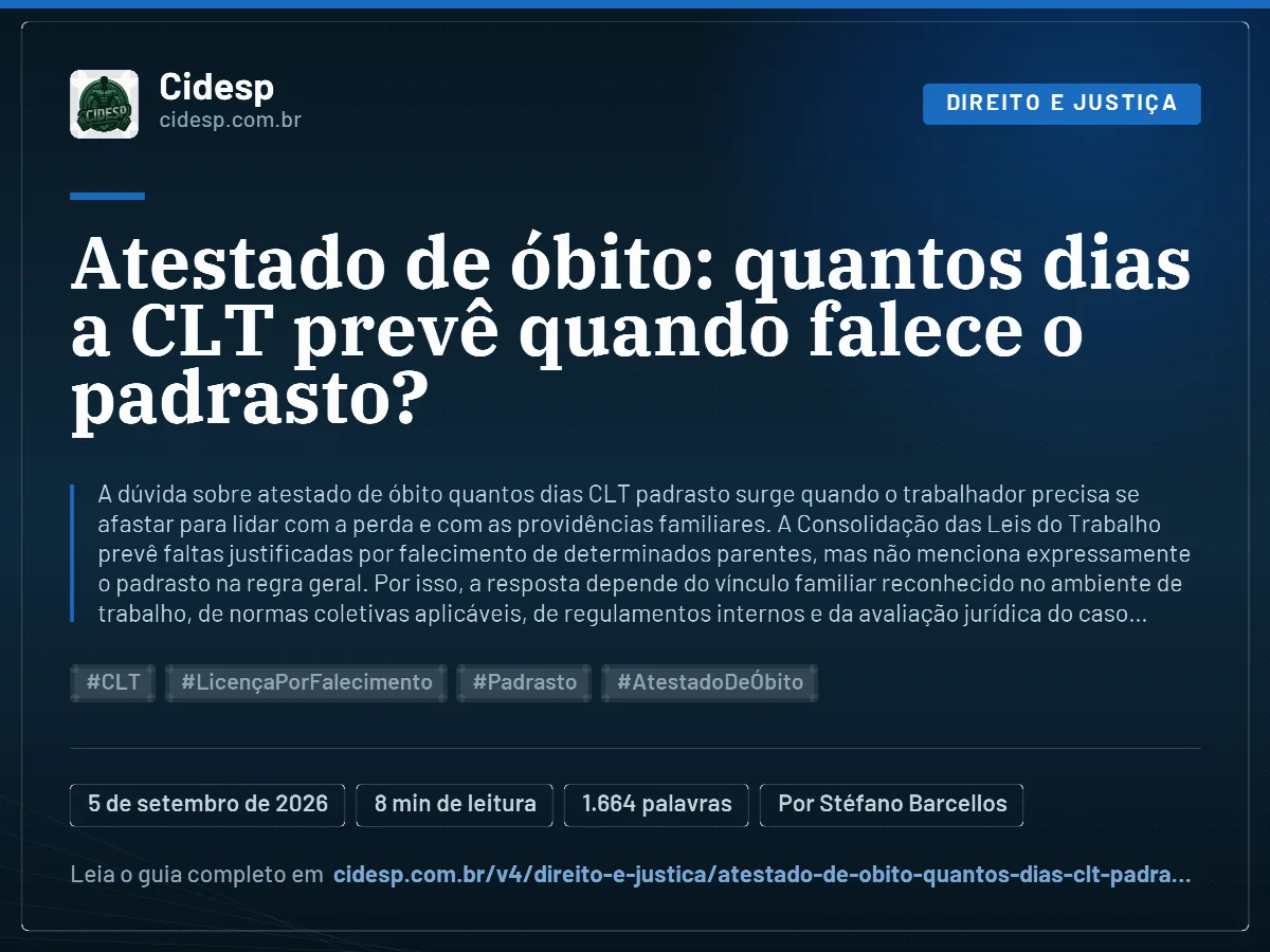 Cartão do artigo “Atestado de óbito: quantos dias a CLT prevê quando falece o padrasto?”, com resumo, data de publicação e endereço da página.