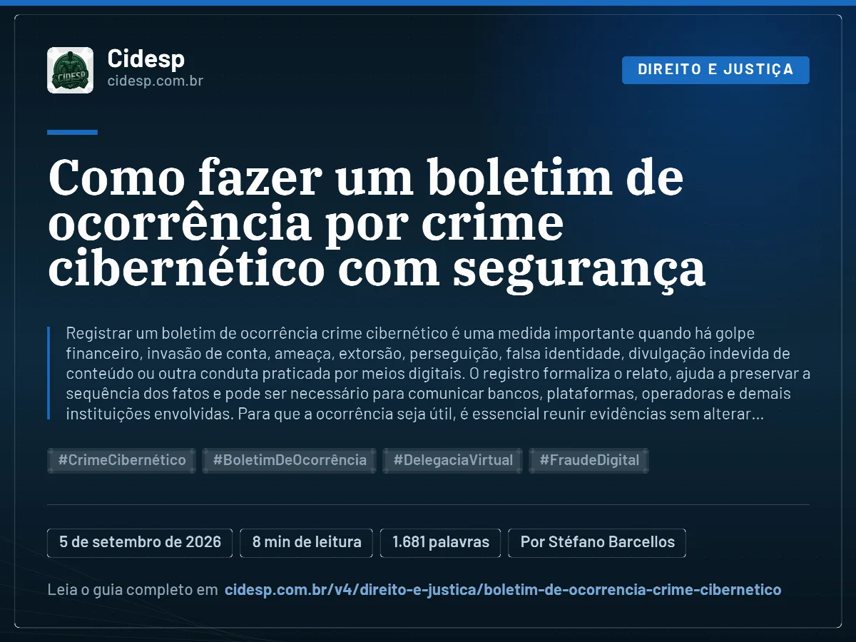 Cartão do artigo “Como fazer um boletim de ocorrência por crime cibernético com segurança”, com resumo, data de publicação e endereço da página.
