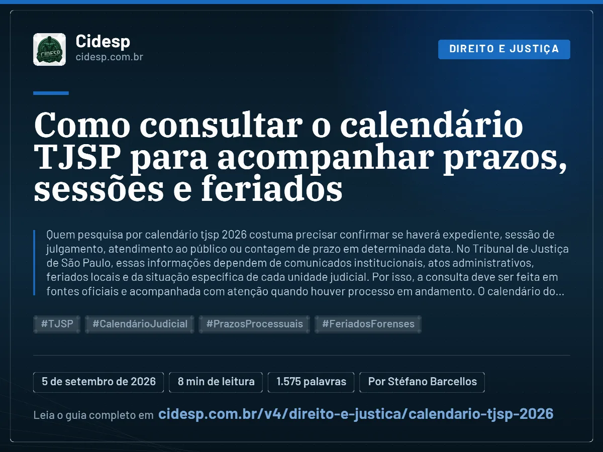 Cartão do artigo “Como consultar o calendário TJSP para acompanhar prazos, sessões e feriados”, com resumo, data de publicação e endereço da página.