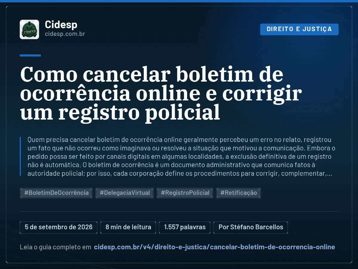 Cartão do artigo “Como cancelar boletim de ocorrência online e corrigir um registro policial”, com resumo, data de publicação e endereço da página.