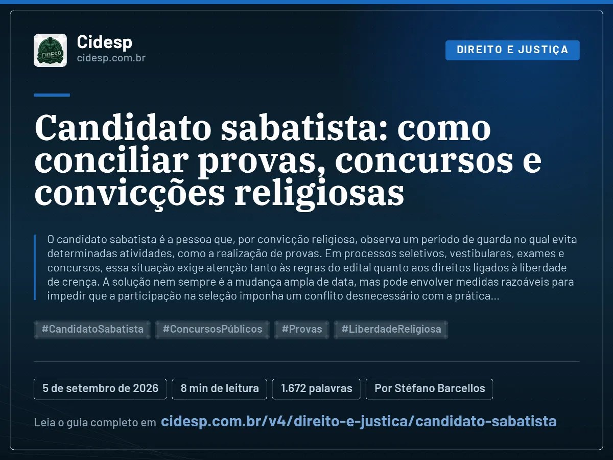 Cartão do artigo “Candidato sabatista: como conciliar provas, concursos e convicções religiosas”, com resumo, data de publicação e endereço da página.