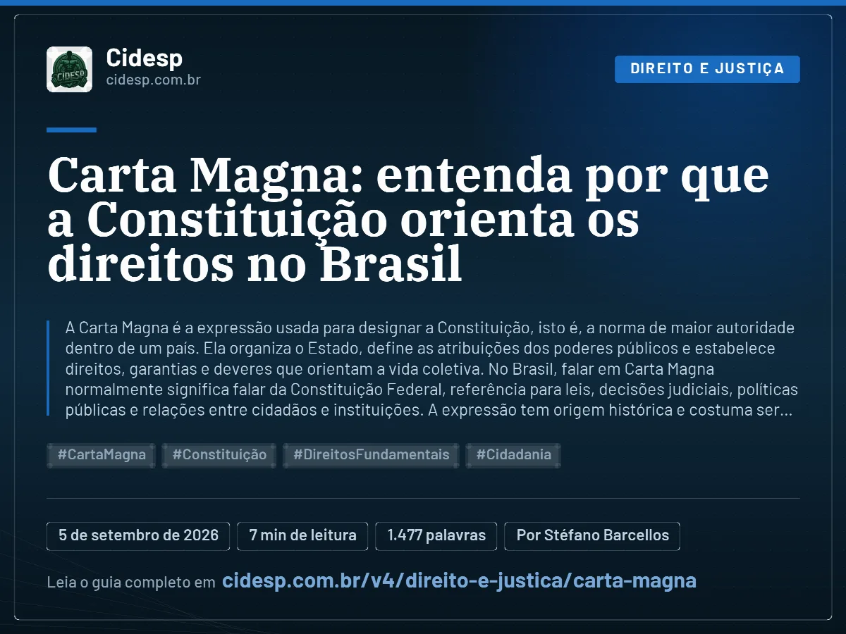 Cartão do artigo “Carta Magna: entenda por que a Constituição orienta os direitos no Brasil”, com resumo, data de publicação e endereço da página.