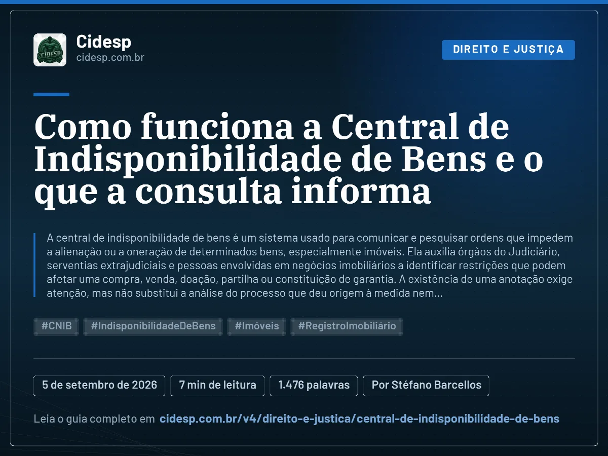 Cartão do artigo “Como funciona a Central de Indisponibilidade de Bens e o que a consulta informa”, com resumo, data de publicação e endereço da página.