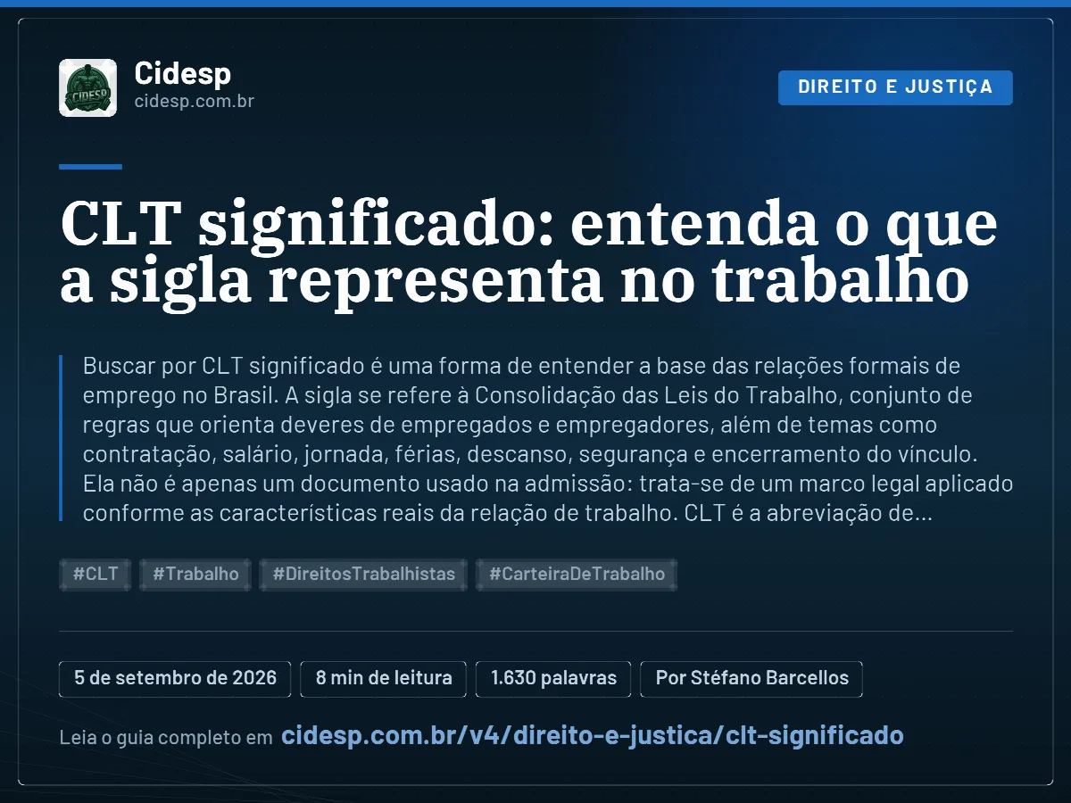 Cartão do artigo “CLT significado: entenda o que a sigla representa no trabalho”, com resumo, data de publicação e endereço da página.