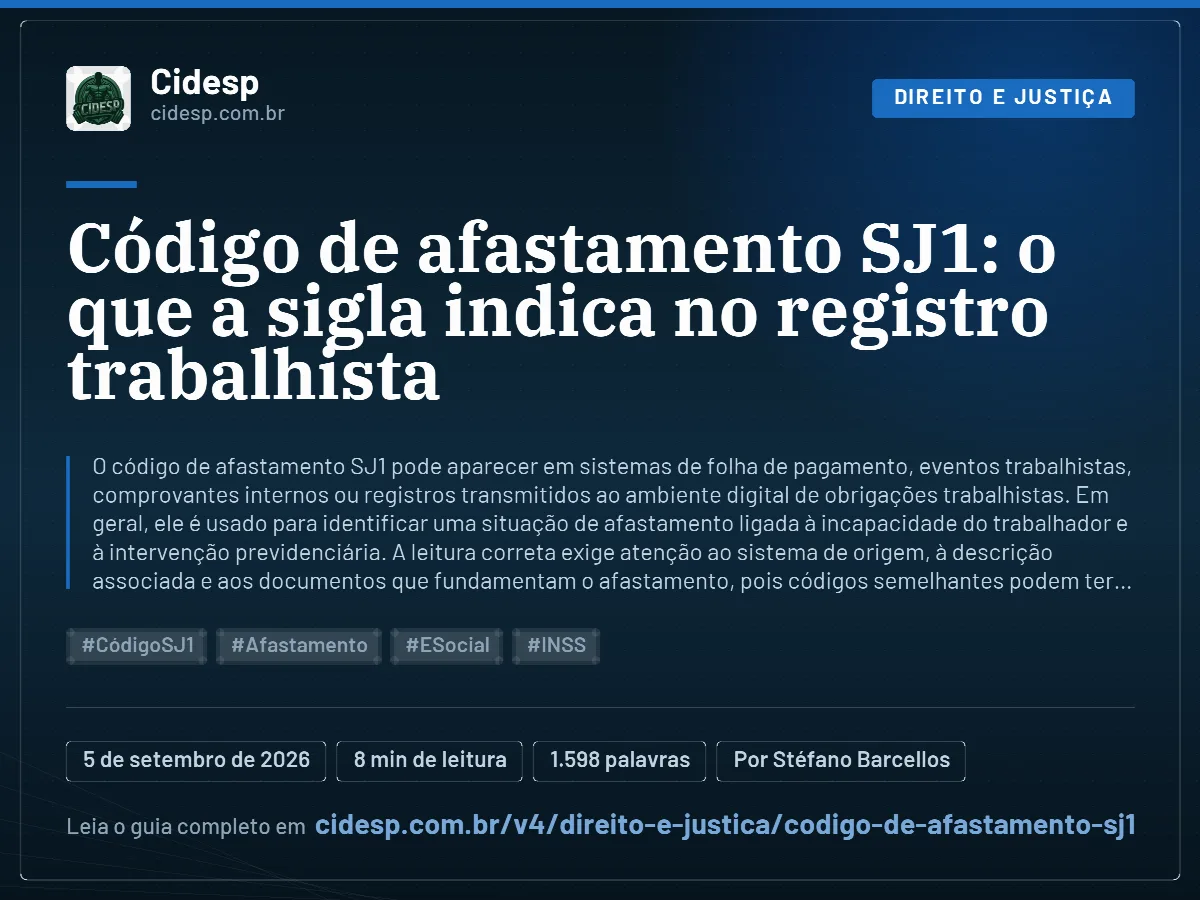 Cartão do artigo “Código de afastamento SJ1: o que a sigla indica no registro trabalhista”, com resumo, data de publicação e endereço da página.