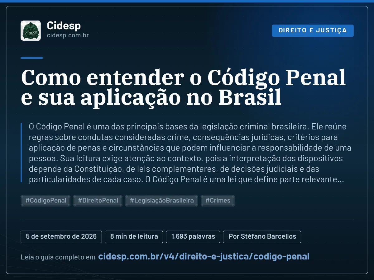 Cartão do artigo “Como entender o Código Penal e sua aplicação no Brasil”, com resumo, data de publicação e endereço da página.