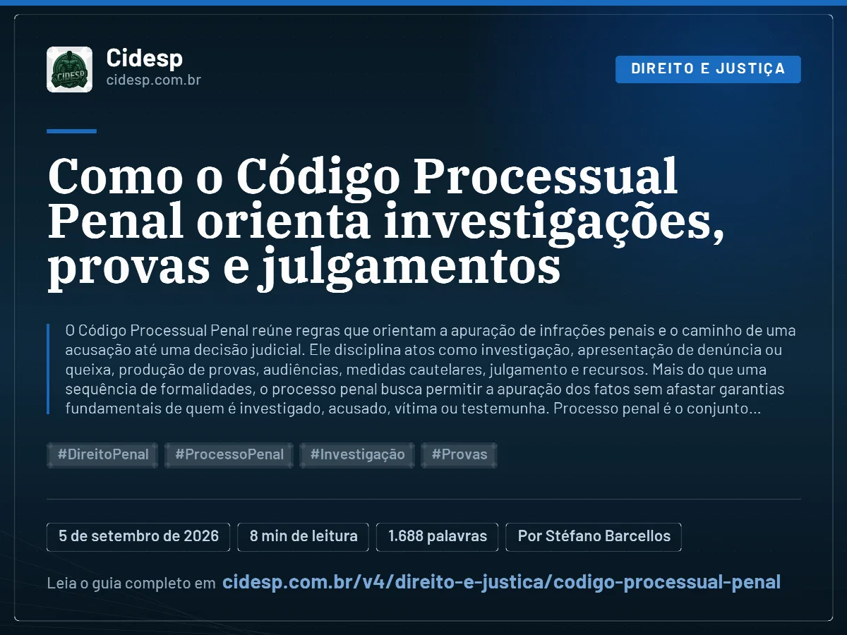 Cartão do artigo “Como o Código Processual Penal orienta investigações, provas e julgamentos”, com resumo, data de publicação e endereço da página.