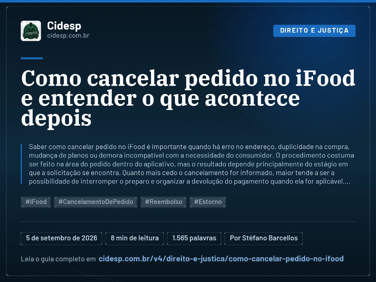 Cartão do artigo “Como cancelar pedido no iFood e entender o que acontece depois”, com resumo, data de publicação e endereço da página.