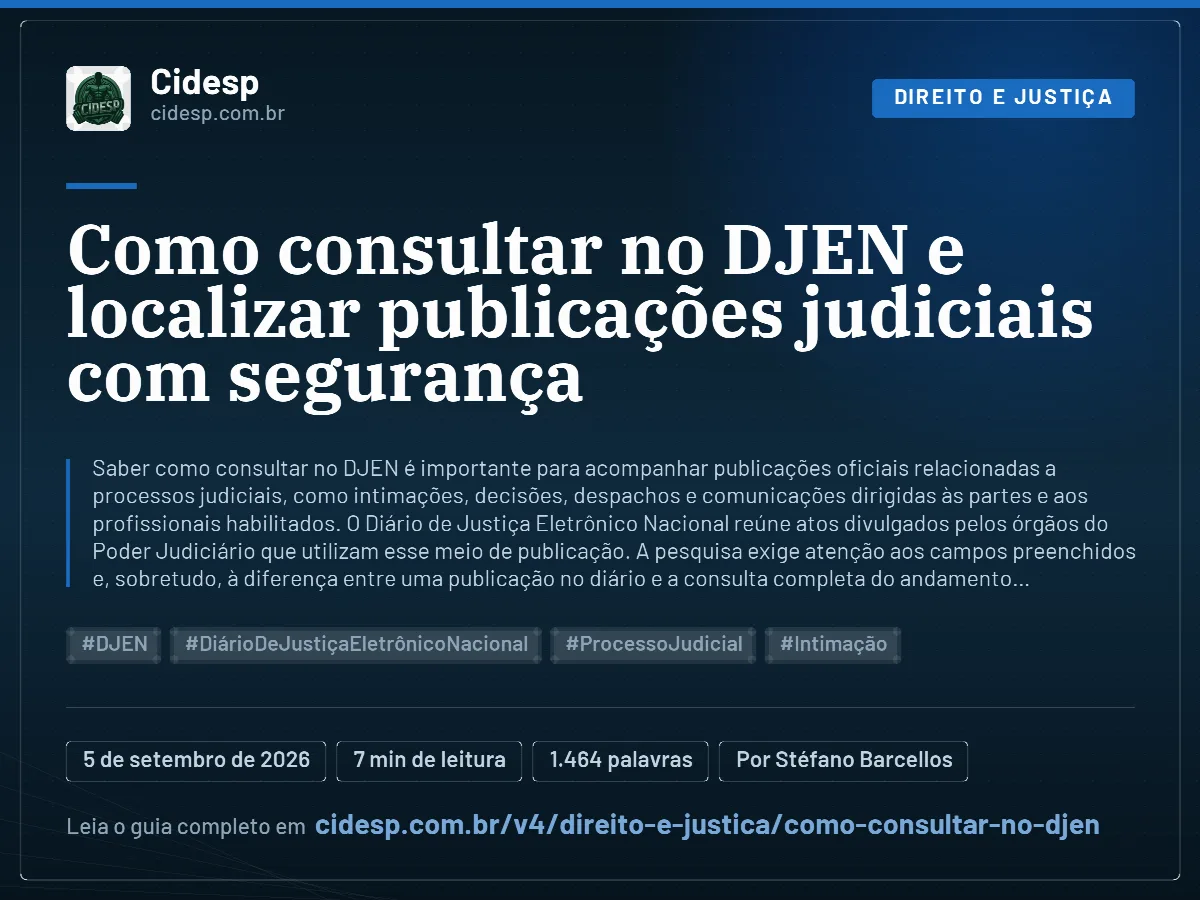 Cartão do artigo “Como consultar no DJEN e localizar publicações judiciais com segurança”, com resumo, data de publicação e endereço da página.