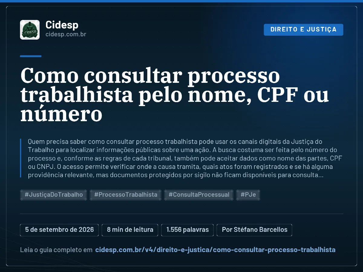 Cartão do artigo “Como consultar processo trabalhista pelo nome, CPF ou número”, com resumo, data de publicação e endereço da página.