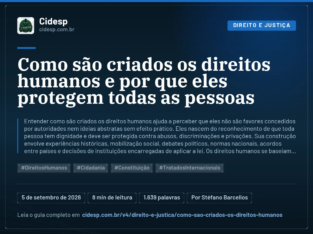 Cartão do artigo “Como são criados os direitos humanos e por que eles protegem todas as pessoas”, com resumo, data de publicação e endereço da página.