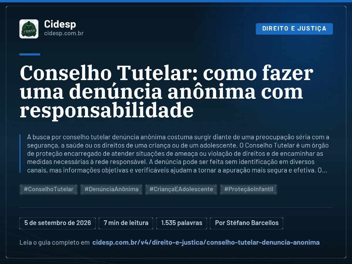 Cartão do artigo “Conselho Tutelar: como fazer uma denúncia anônima com responsabilidade”, com resumo, data de publicação e endereço da página.
