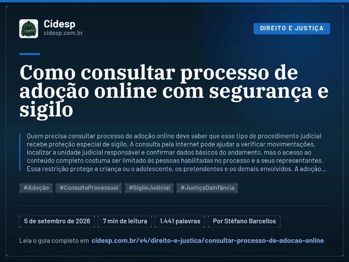 Cartão do artigo “Como consultar processo de adoção online com segurança e sigilo”, com resumo, data de publicação e endereço da página.