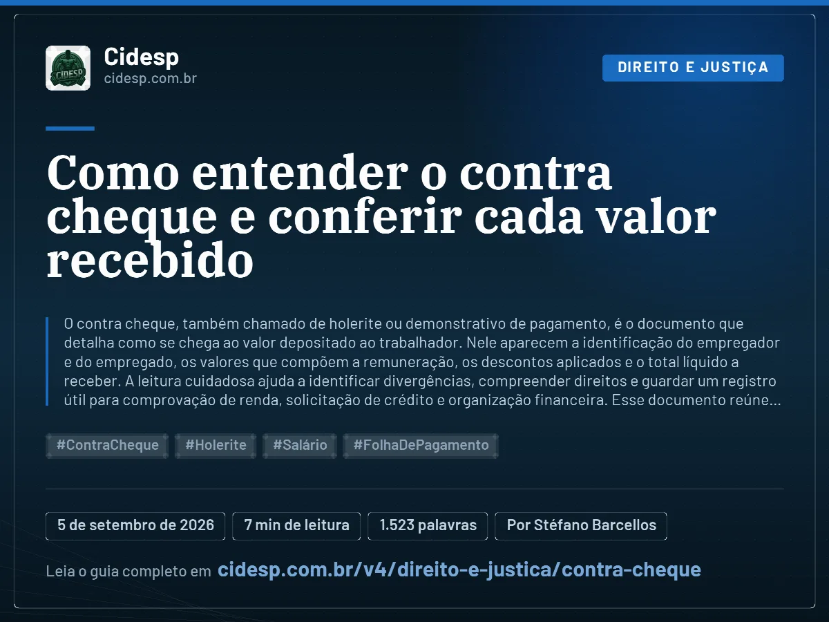 Cartão do artigo “Como entender o contra cheque e conferir cada valor recebido”, com resumo, data de publicação e endereço da página.