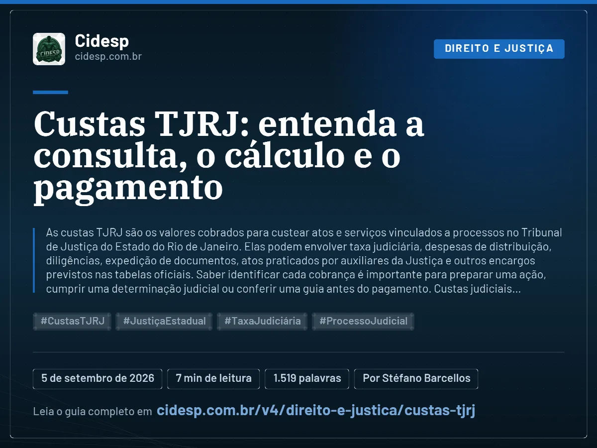 Cartão do artigo “Custas TJRJ: entenda a consulta, o cálculo e o pagamento”, com resumo, data de publicação e endereço da página.